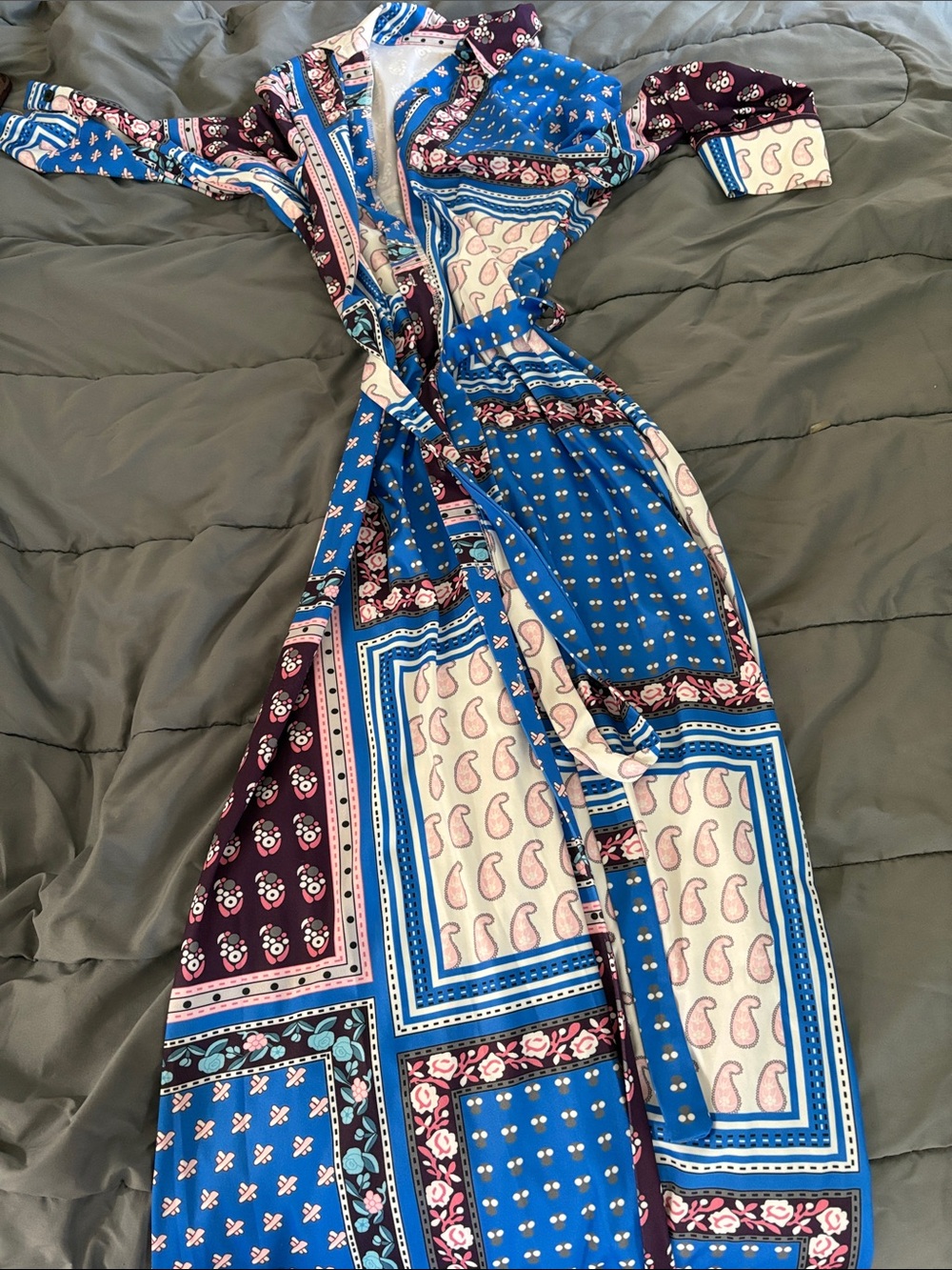 SHEIN Blue and Cream Patchwork Maxi Wrap Dress